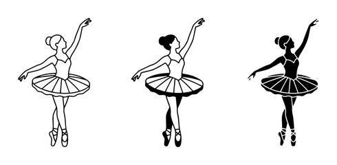 Ballet Dancers Vector Icons, Elegant Female Performers in Tutus, Silhouette and Outline Styles © Kamrul