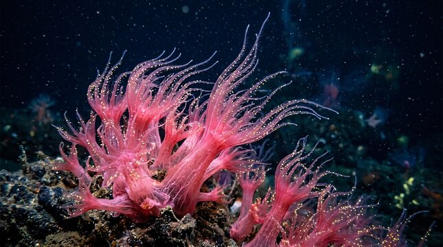 Translucent pink underwater coral polyps reaching upwards, tiny glowing yellow bioluminescent dots decorating delicate flowing tentacles.