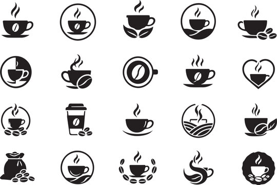Black and White Coffee Logo Collection, 20 Minimalist Hot Cup and Coffee Bean Icons Pack