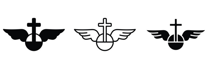 Naklejka premium Christian cross with angel wings and globe icon vector set for religious baptism, church faith symbol, and spiritual funeral monument concept design isolated on white background.