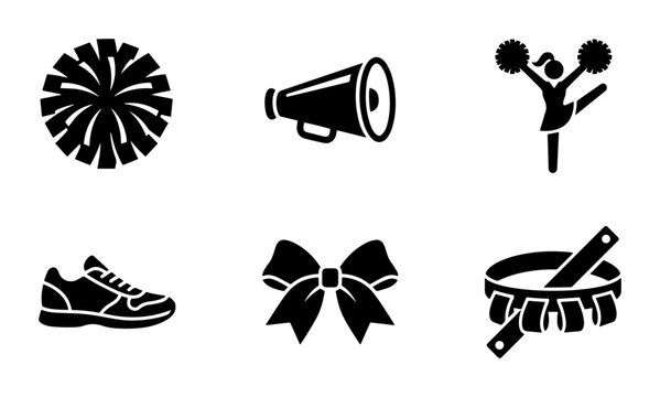 Cheerleading Icons Set: Pom-Pom, Megaphone, Athlete, Sneaker, Bow, Drum