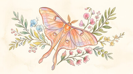 Fototapeta premium A large orange moth with colorful wings flies amidst a lush arrangement of flowers and leaves.