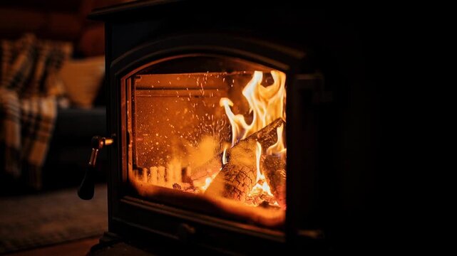 Cozy wood burning stove crackling with warm flames dancing behind glass in a rustic home setting