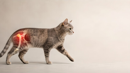 Obraz premium Cat hip joint dysplasia veterinary website banner with pain focal area and anatomical overlay, photorealistic pet healthcare image for medical education, mobility care, radiology and patient education