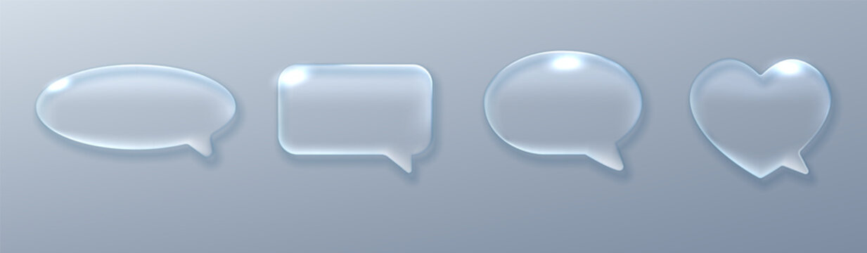 Glossy glass chat bubble set featuring transparent material and holographic gradients. Realistic 3D messaging icons for social media, UI and mobile applications.