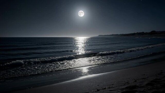 Serene full moon illuminating calm ocean waves gently washing onto dark shore at night