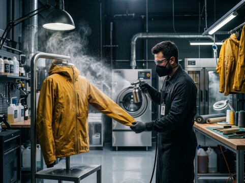 Man technician applying water repellent spray on a yellow jacket. Expert worker in a professional cleaning workshop performing fabric maintenance. Apparel care and garment protection service.