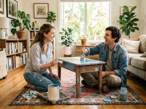 Woman and man painting wooden table in living room. Happy couple restoring vintage furniture together. Creative diy project for home renovation. Hobby lifestyle and interior design improvement.