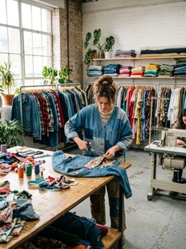 Woman tailor cutting denim fabric for upcycling clothing in a creative studio workshop. Sustainable fashion designer working on garment repair and custom craft project during sewing.