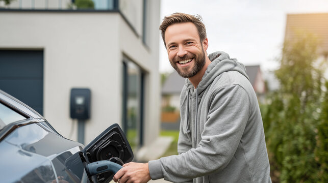 Smiling man charging his electric vehicle at a modern home charging station. Sustainable transportation, clean energy, eco-friendly lifestyle, residential EV charging and renewable mobility concept.