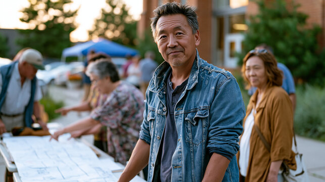 Neighborhood association leader in worn denim jacket standing at folding table outside community center, hand-drawn ward map spread across surface, elderly residents pointing at marked streets durin
