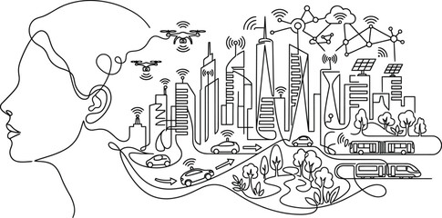 Fototapeta premium Line Art Illustration Of Cityscape Drones And Human Profile