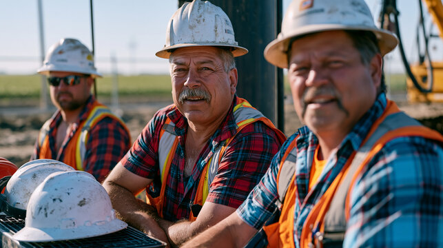 Pile foundation crew eats lunch at quiet rural jobsite beside dormant rig, hard hats on tool chest, conversation candid and relaxed as agricultural fields stretch behind temporary site fence and com