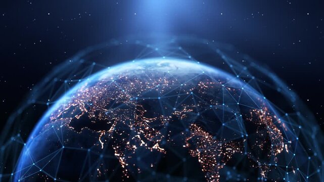 Glowing network grid over the night planet. 5G telecom infrastructure, mobile coverage and connectivity