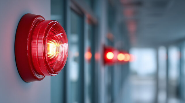 Close-up of illuminated fire alarm warning light in a modern building corridor, representing fire safety, emergency systems, evacuation, security compliance, and workplace protection.