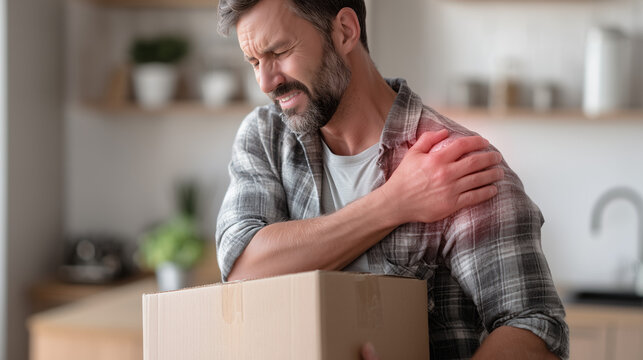 Middle aged man suffering from shoulder pain while lifting a cardboard box at home. Concept of muscle strain, injury prevention, physical overload, healthcare and rehabilitation.