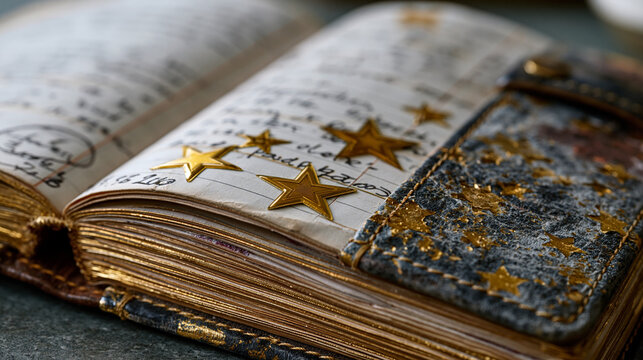 single object detail of a worn leather portfolio opened to reveal handwritten debt repayment milestone notes, star stickers marking paid-off accounts, a final balance circled and dated, the document