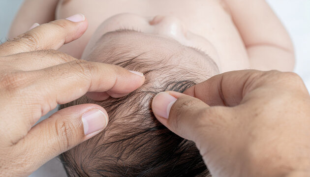 Baby health check. Close-up of a doctor fingertips palpating the anterior fontanelle on an infant head. Neonatal neurological examination concept.