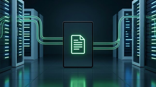 A glowing digital document floating between two server racks, connected by bright green data lines representing secure cloud storage and networking