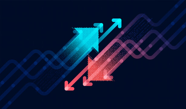 Glowing arrows moving upward and downward over smooth flowing lines on dark background