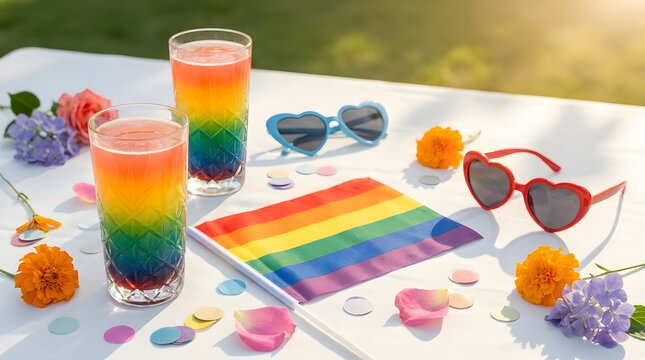 LGBT Pride Month Celebration with Rainbow Cocktails | Pride Flags and Heart Shaped Sunglasses on White Table | LGBTQ Community Event Party Decoration with Confetti | Layered Colorful Drinks and Flower