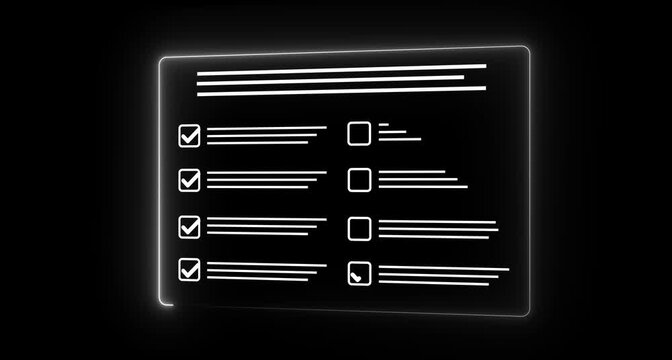 Glowing neon 3D Filling form, research analytics, technology interface and data review. Online survey questionnaire with digital feedback form, customer evaluation and business assessment concept.