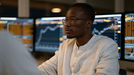 Fototapeta premium AI algorithmic trading system executing hundreds of simultaneous equity orders shown on multi-screen financial terminal in empty trading floor at night, graph lines spiking