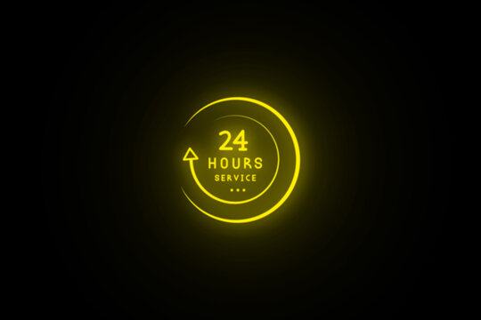 Neon glowing color 24 hours service clock icon on black background. Neon glowing Online customer care, live chat support, complete customer satisfaction. Twenty four hours icon.
