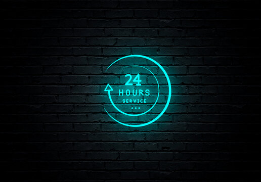 Neon glowing color 24 hours service clock icon on black background. Neon glowing Online customer care, live chat support, complete customer satisfaction. Twenty four hours icon.