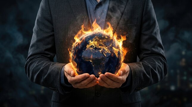 Businessman Holding Burning Earth: Global Warming and Climate Change Crisis