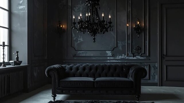 A dim room featuring a black sofa, chandelier, and wall decor