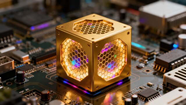Golden cube on circuit board
