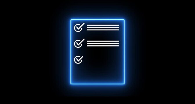 Glowing neon blue Professional entrepreneur businessman working in office check checklist form document report checkbox questionnaire task to-do list survey choice management quality control concept