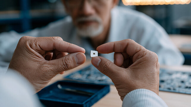Vietnamese engineer holds up completed miniature CubeSat component between fingertips for close-up quality inspection, blurred circuit board assembly bench behind, tweezers
