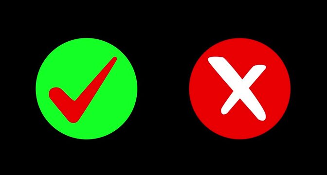 Animated pop-check mark and red cross X symbol on transparent checkmark in and out motion graphics animation. Video footage of yes or no, true or false with alpha channe black background. 4k video