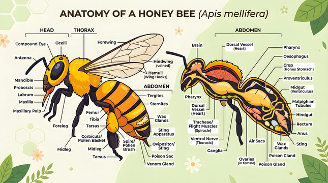 Detailed illustration of a honey bee anatomy showing its body parts