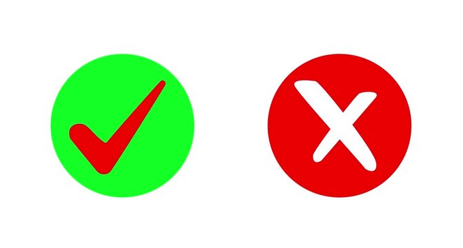 Animated pop-check mark and red cross X symbol on transparent checkmark in and out motion graphics animation. Video footage of yes or no, true or false with alpha channe white background. 4k video