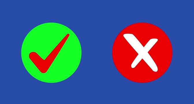 Animated pop-check mark and red cross X symbol on transparent checkmark in and out motion graphics animation. Video footage of yes or no, true or false with alpha channe blue background. 4k video