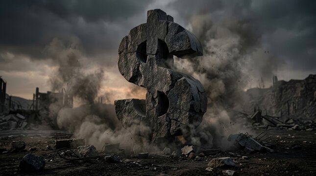 Stone Dollar Sign Symbol Crumbles Amidst War-Torn Apocalypse Destruction