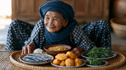 Vietnamese island centenarian arranges morning meal of fermented fish, sweet potato, and wild greens on woven mat, child perspective low angle looking up at elder, blue zone diet