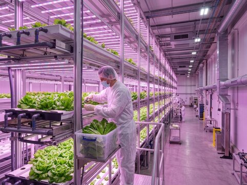 Man agriculturist harvesting fresh lettuce in vertical indoor farm. Worker monitoring hydroponic vegetable growth with led light technology. Modern sustainable agriculture production.