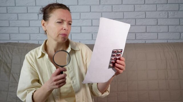 Woman with poor eyesight reading prescription with magnifying glass. Mature woman with presbyopia using a magnifying glass to carefully read the instructions and side effects on a medication leaflet