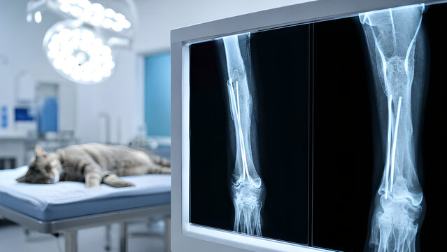 Cat bone fracture healing with orthopedic pin fixation veterinary radiology image showing realistic feline limb x-ray in clean animal hospital for medical education and pet injury care content