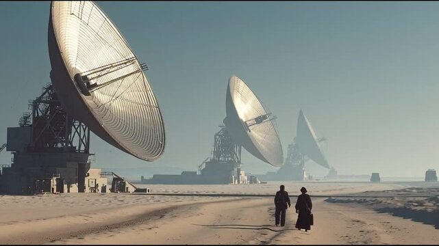 Two people walking toward large satellite dishes on snow