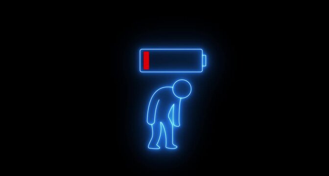 Severe fatigue and depression symbolized by a slouching neon human and an almost completely empty battery