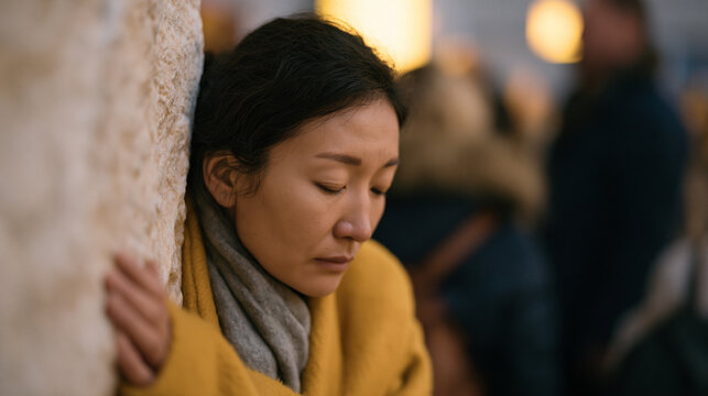 Mongolian woman gripping a wall inside an airport terminal, eyes shut, breathing ragged, surrounded by oblivious travelers, panic attack in public space captured with close