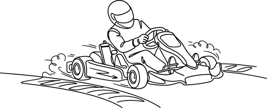 A line art illustration of a person driving a go kart.