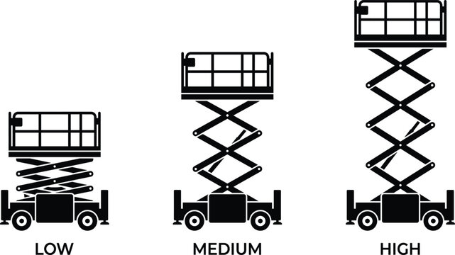 Scissor lift vector icon set showing three height extension levels low medium and high for industrial construction