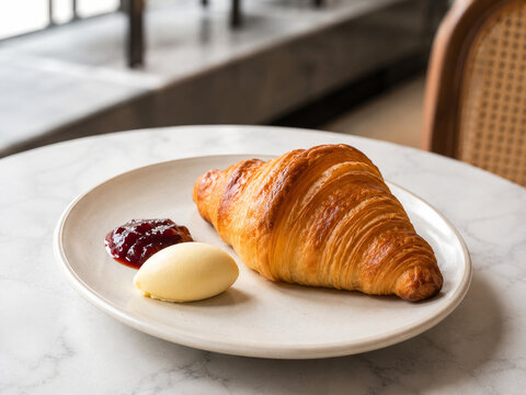  Croissant de mantequilla servido con mermelada de frutos rojos y una porci&oacute;n de mantequilla.