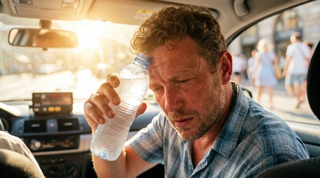 Sweaty exhausted man holding a cold water bottle to his forehead inside a hot car. Extreme heat suffering and summer heatwave concept